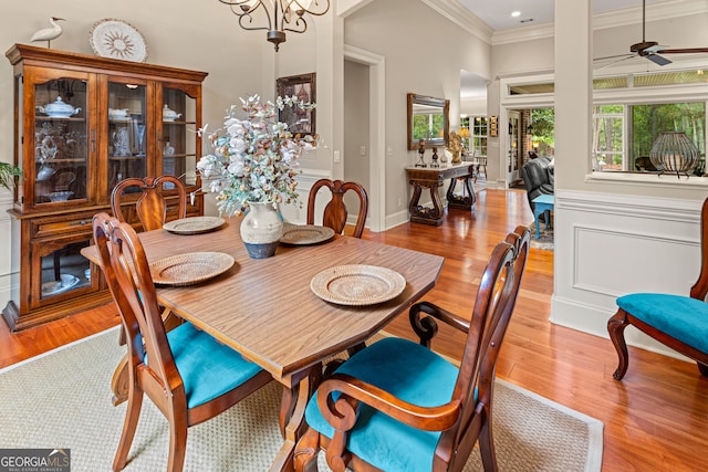 dining room with ceiling fan with notable chandelier, light hardwood / wood-style floors, and crown molding