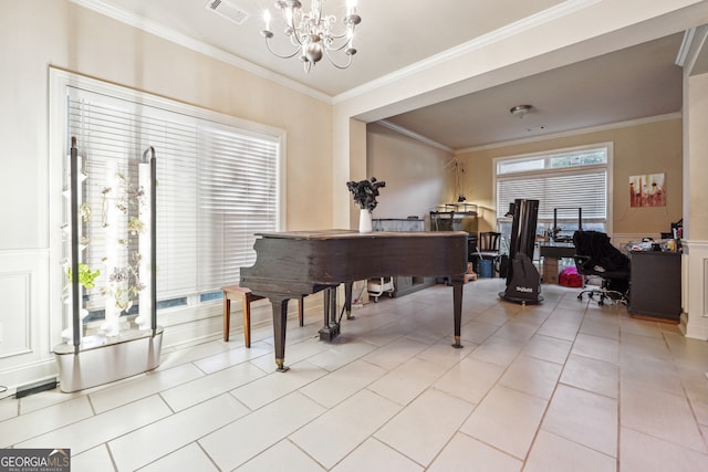 misc room with a notable chandelier, light tile patterned floors, and ornamental molding