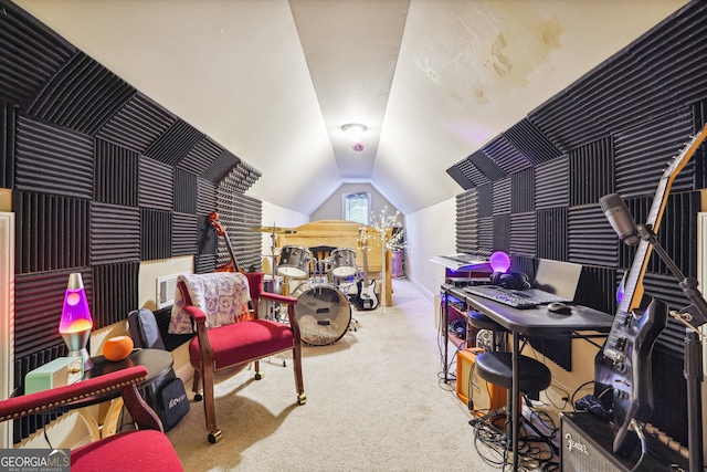 carpeted office space with lofted ceiling