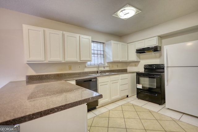 kitchen with black appliances, sink, light tile patterned flooring, and white cabinets