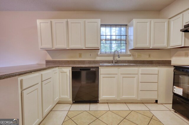 kitchen with white cabinetry, sink, kitchen peninsula, a textured ceiling, and black dishwasher