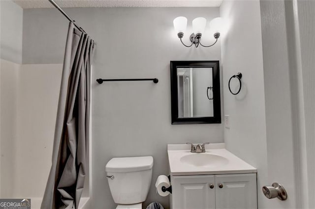 full bathroom with vanity, toilet, and shower / bathtub combination with curtain