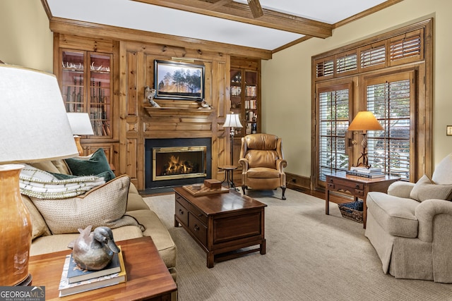 living room with crown molding and beam ceiling