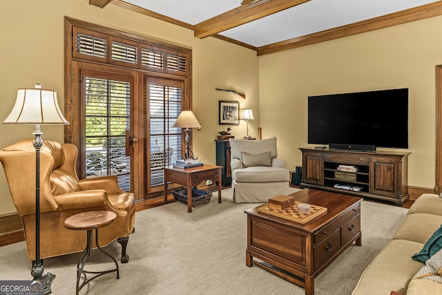 living room featuring beamed ceiling, light colored carpet, and crown molding