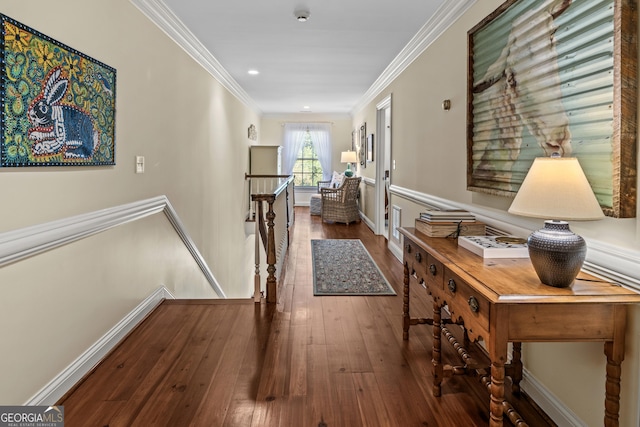 hallway with ornamental molding and wood-type flooring