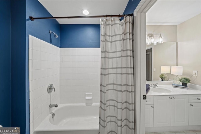 bathroom with vanity, tile patterned floors, and shower / bathtub combination with curtain