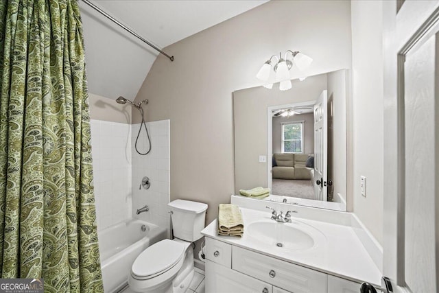 full bathroom with lofted ceiling, toilet, vanity, ceiling fan, and shower / tub combo