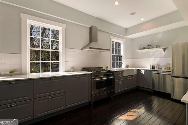 kitchen with stainless steel appliances, dark hardwood / wood-style floors, sink, decorative backsplash, and wall chimney exhaust hood