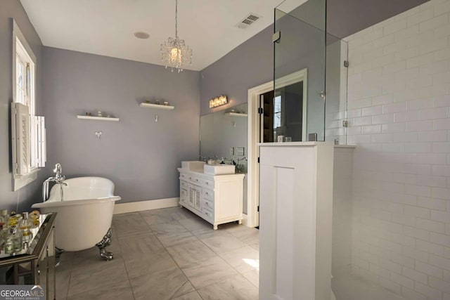 bathroom featuring vanity, shower with separate bathtub, and an inviting chandelier