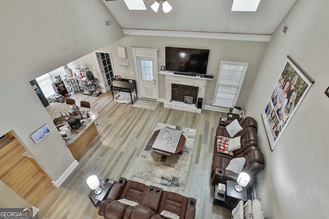 living room featuring wood-type flooring and high vaulted ceiling