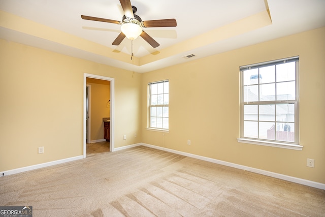 unfurnished room with light carpet, a healthy amount of sunlight, a raised ceiling, and ceiling fan