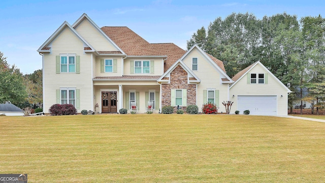 view of front of property featuring a front yard and covered porch