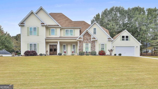 view of front of property with stone siding, a garage, a front lawn, and roof with shingles