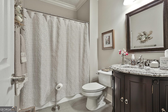 full bath with vanity, a shower with curtain, ornamental molding, tile patterned floors, and toilet