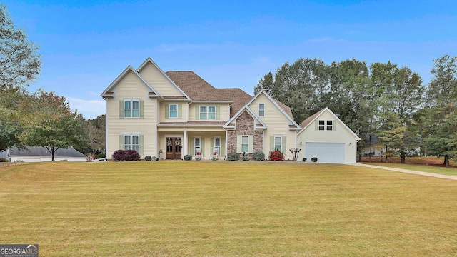 view of front of home featuring a garage, a front yard, and a porch