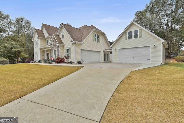 traditional-style home with a front lawn, concrete driveway, and a shingled roof