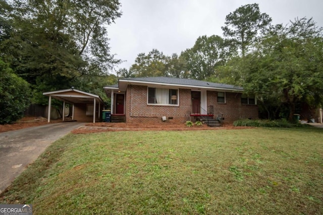 view of front facade with a front lawn and a carport