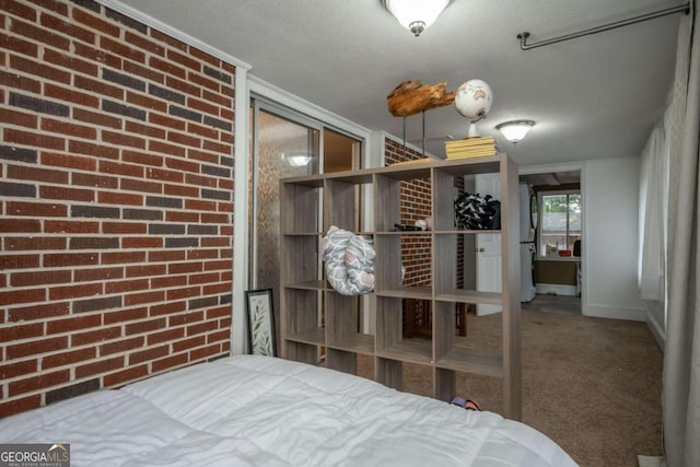 interior space featuring a closet, a textured ceiling, carpet flooring, and crown molding