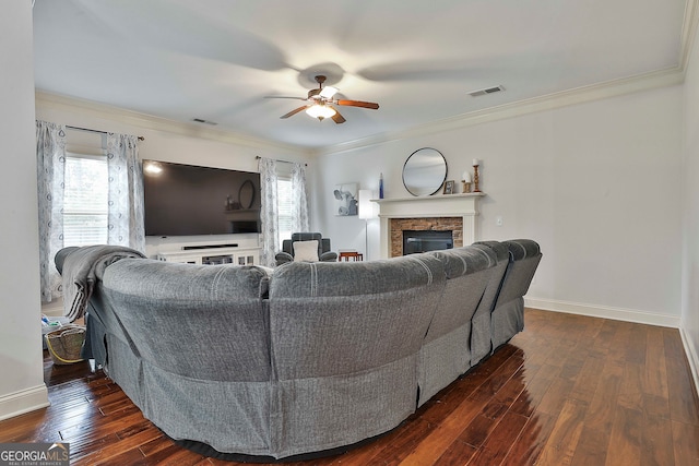 living room with ornamental molding, a fireplace, a wealth of natural light, and dark hardwood / wood-style floors