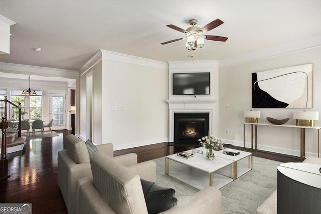 living room with ceiling fan with notable chandelier, dark hardwood / wood-style floors, and ornamental molding