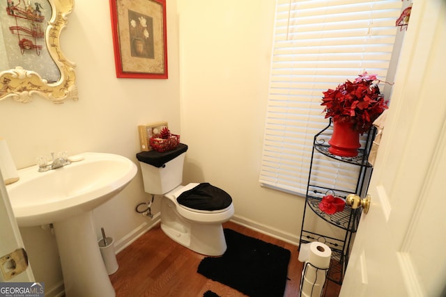 bathroom with hardwood / wood-style flooring and toilet