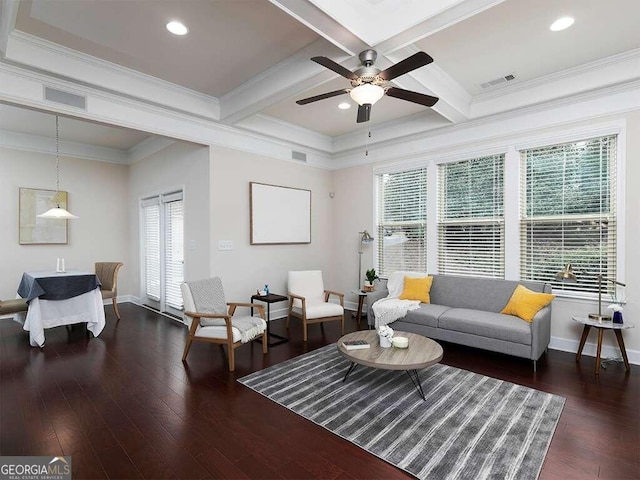 living room with dark hardwood / wood-style flooring, beamed ceiling, ceiling fan, and crown molding