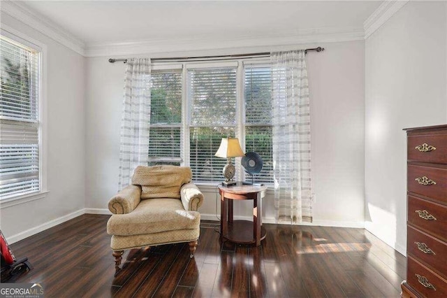 living area with a healthy amount of sunlight, ornamental molding, and dark wood-type flooring