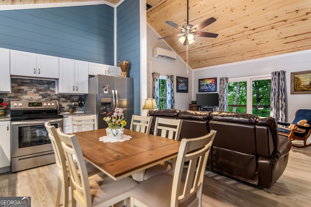 dining room featuring high vaulted ceiling, plenty of natural light, and wooden walls