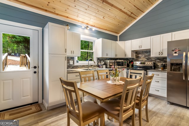 kitchen featuring white cabinetry, wooden ceiling, and stainless steel appliances