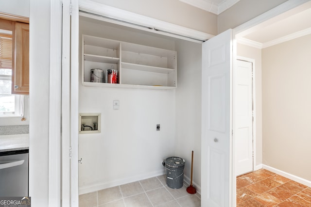 laundry area featuring ornamental molding, electric dryer hookup, hookup for a washing machine, and light tile patterned floors