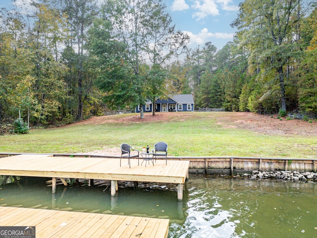 dock area featuring a water view and a yard