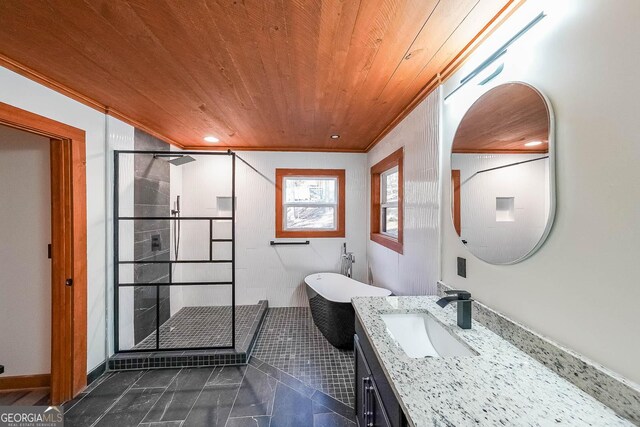 bathroom with tile patterned flooring, wooden ceiling, toilet, and crown molding