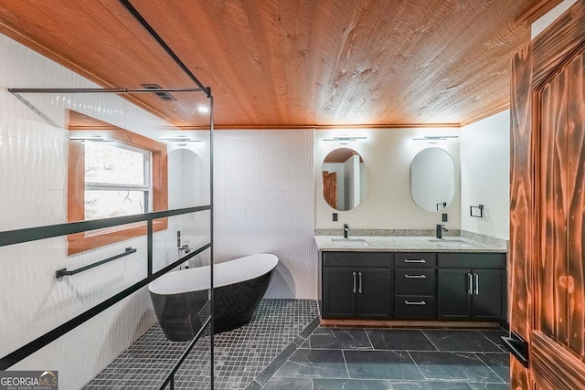 bathroom with a bathtub, ornamental molding, vanity, wooden ceiling, and wood walls