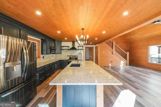 unfurnished living room featuring ceiling fan, high vaulted ceiling, wooden ceiling, a fireplace, and dark hardwood / wood-style floors