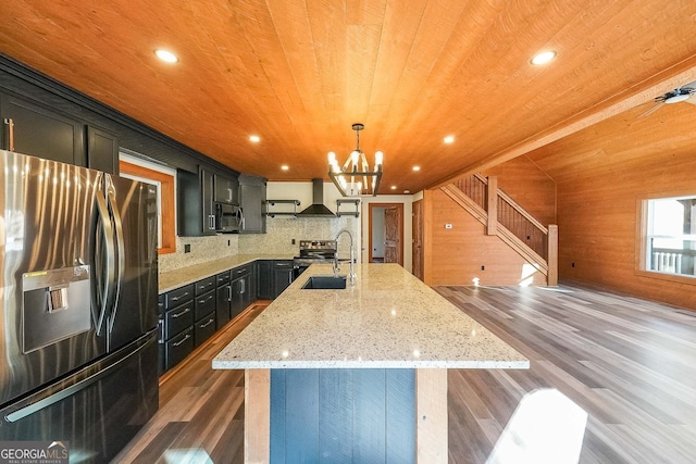 kitchen with dark hardwood / wood-style flooring, stainless steel appliances, wooden ceiling, and wood walls