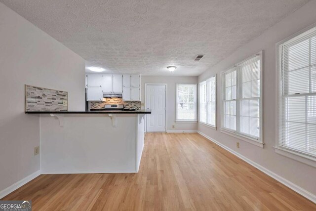 kitchen featuring light hardwood / wood-style floors, a textured ceiling, backsplash, and kitchen peninsula