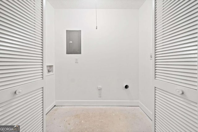 washroom featuring electric panel, washer hookup, a textured ceiling, and electric dryer hookup