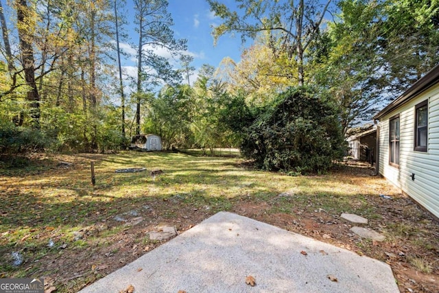 view of yard featuring a shed and a patio