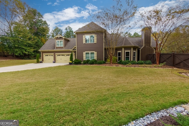 view of front of house with a garage and a front lawn