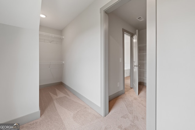 spacious closet featuring light carpet