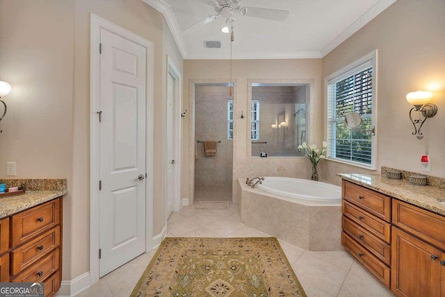 bathroom featuring ceiling fan, tile patterned flooring, vanity, ornamental molding, and independent shower and bath