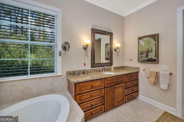 bathroom featuring tile patterned floors, ornamental molding, tiled bath, and vanity