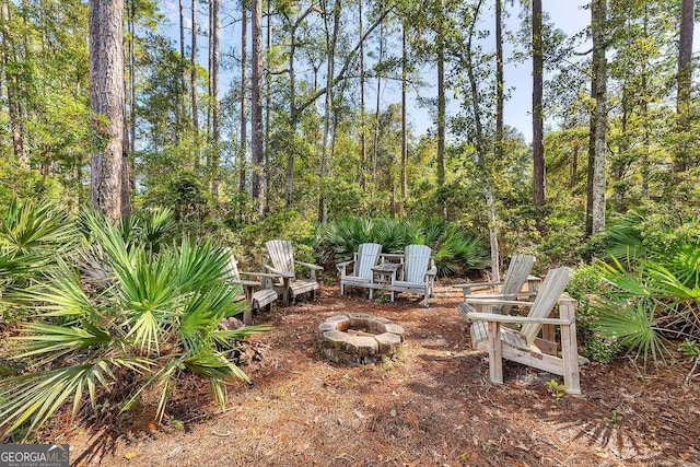 view of yard featuring an outdoor fire pit