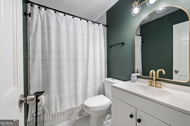 full bathroom featuring toilet, shower / bath combo, vanity, and tile patterned floors