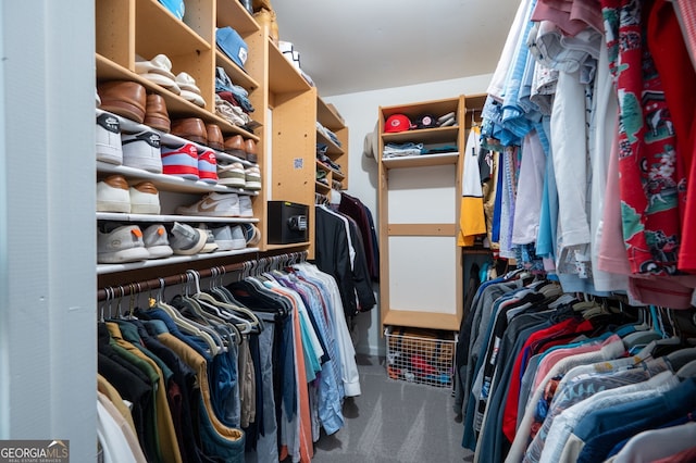 walk in closet with carpet