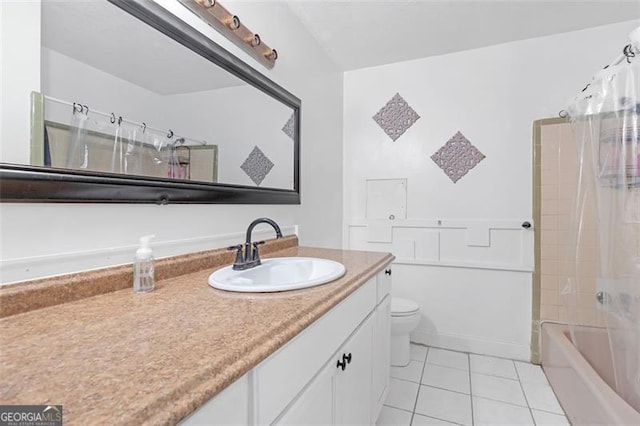 full bathroom featuring vanity, shower / bath combo, tile patterned flooring, and toilet