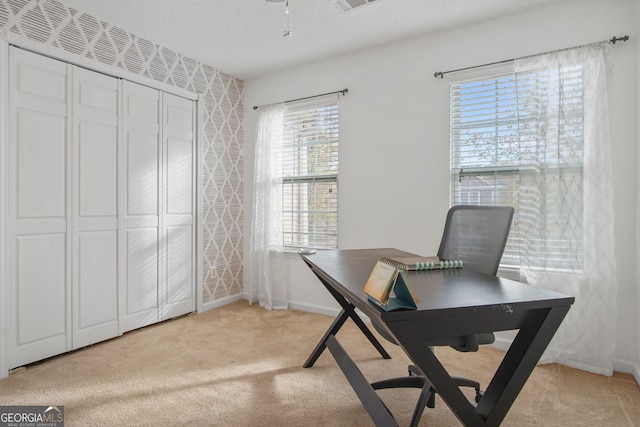 carpeted office with a wealth of natural light, a textured ceiling, and ceiling fan