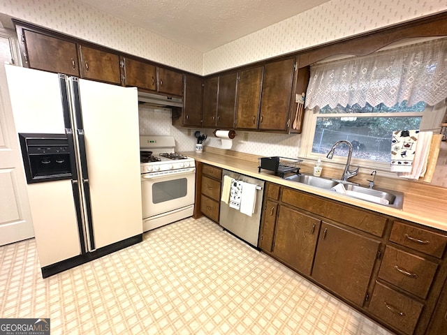 kitchen featuring dark brown cabinetry, white appliances, a textured ceiling, and sink