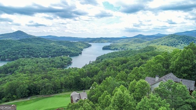 drone / aerial view featuring a water and mountain view