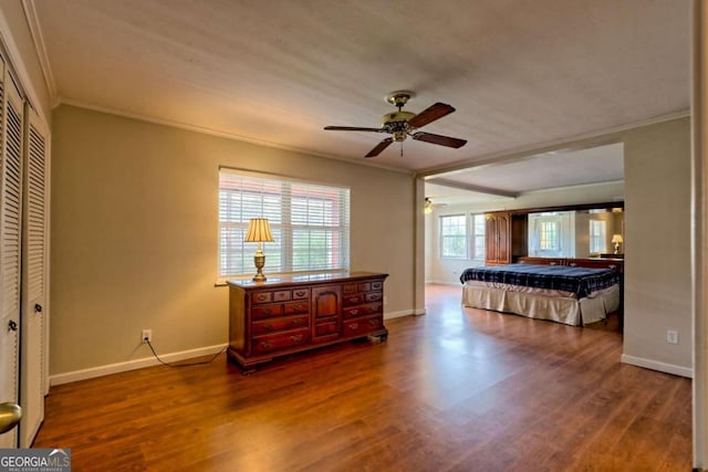 bedroom featuring hardwood / wood-style flooring, ceiling fan, and a closet